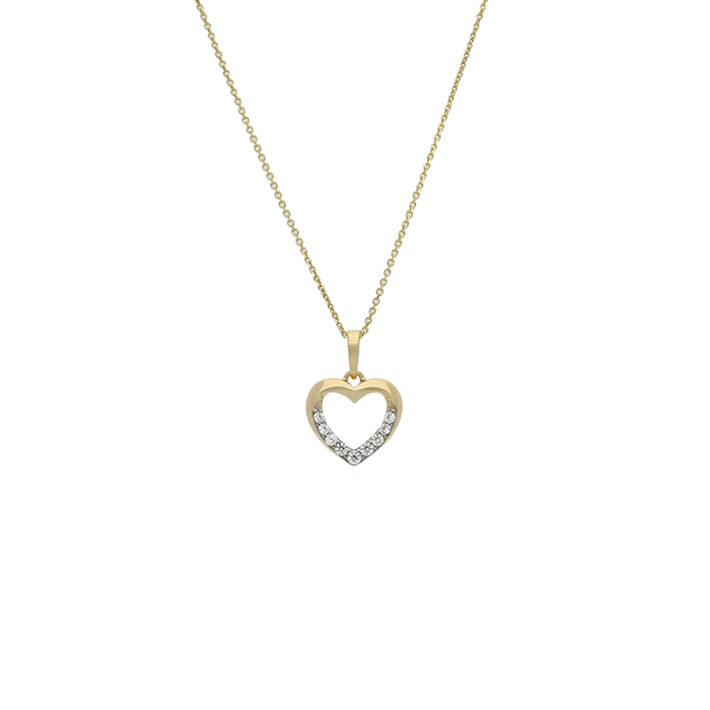 Yellow Gold Necklace with an open Heart Pendant - lower half of heart has cubic zirconia