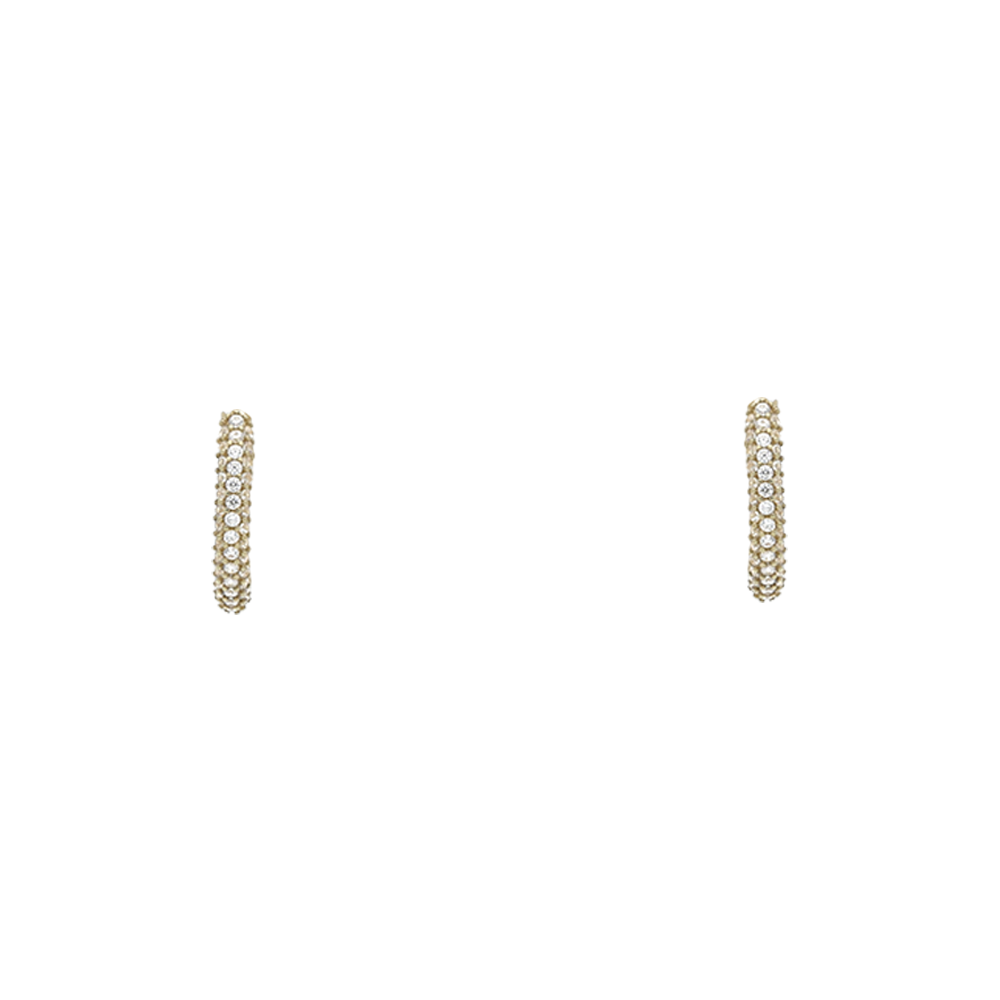 Yellow Gold Oval Hoop Earrings covered in cubic zirconia stones