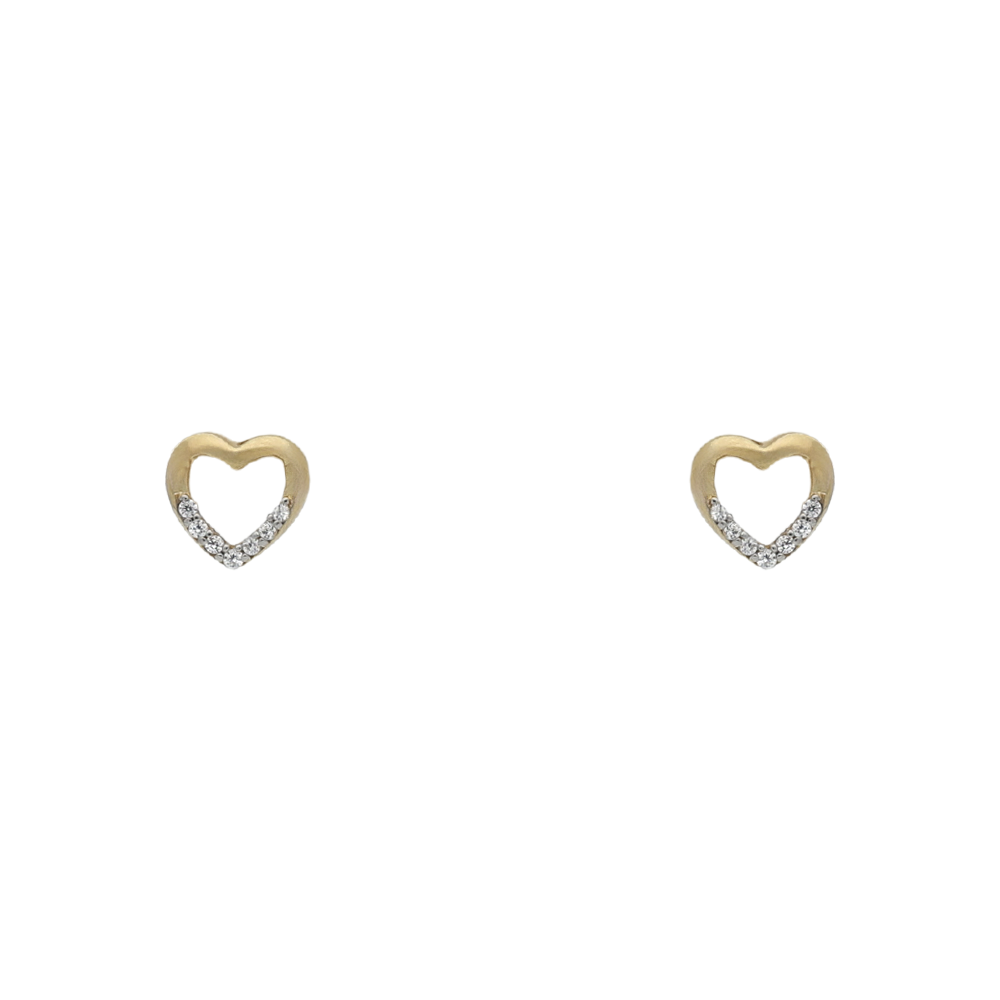 Yellow Gold Open Heart Earrings, lower half of each filled with cubic zirconia stones