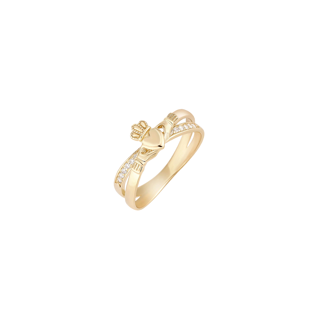 Gold Claddagh Ring with Cubic Zirconia Intertwined Ring