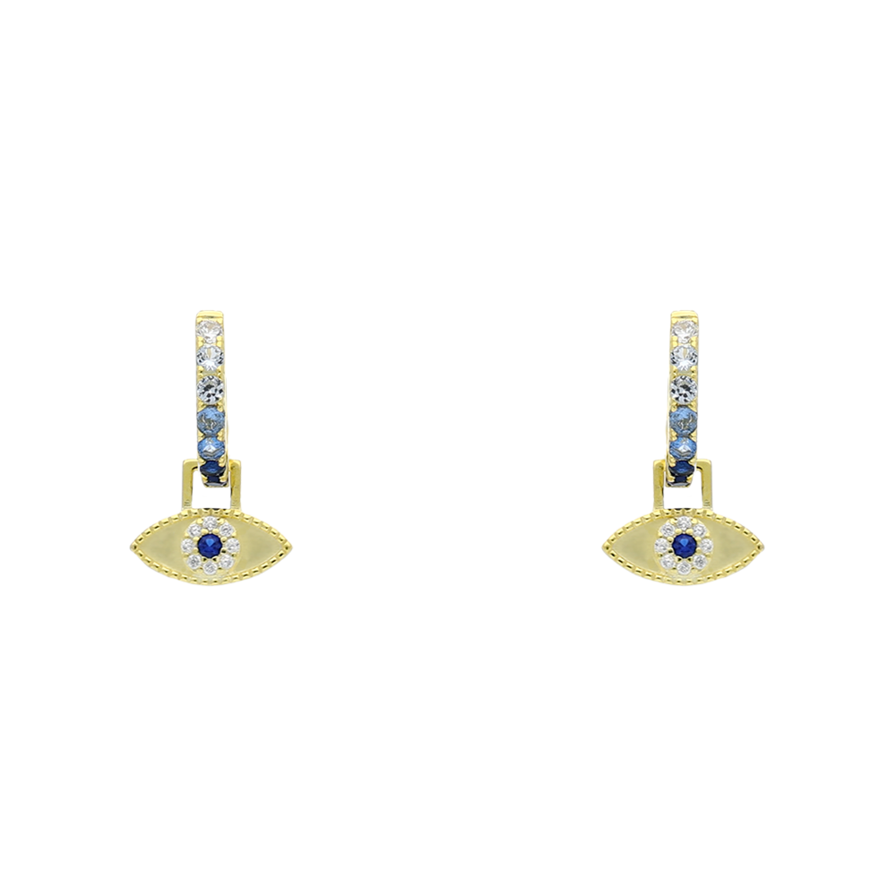 Yellow Gold Hoop earrings with blue stones on the front and evil/Turkish eye charms