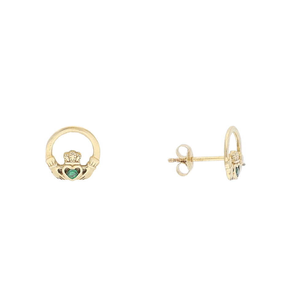 Gold Claddagh Earrings With Green Stone Heart From the Side