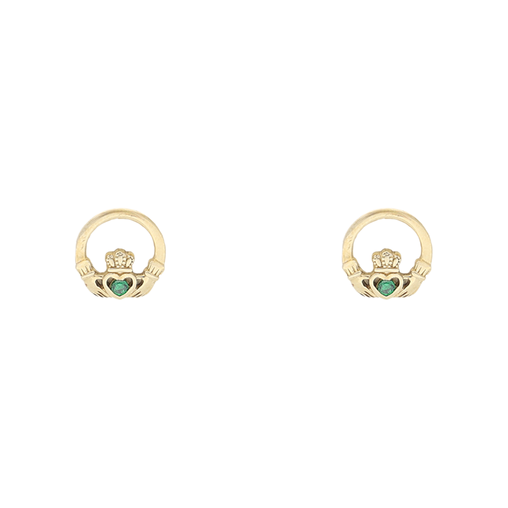 Gold Claddagh Earrings With Green Stone Heart