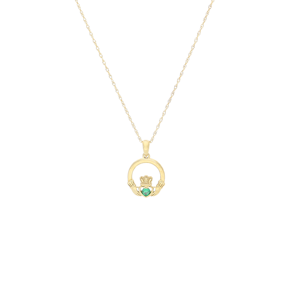 Yellow Gold Claddagh Necklace with Green Stone in Heart