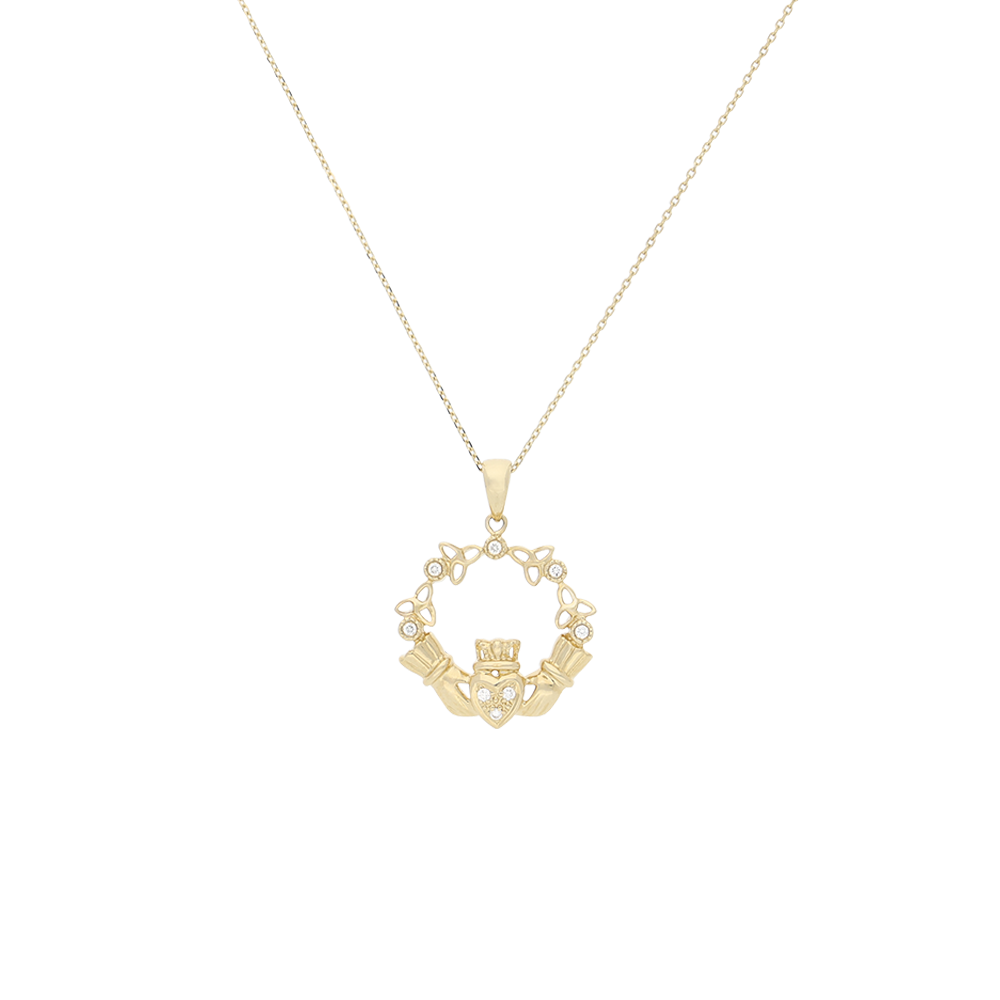 Yellow Gold and Diamond Trinity Claddagh Necklace