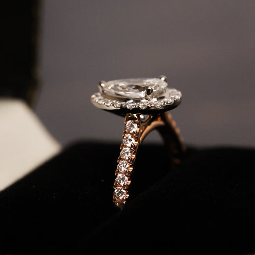 Close up of diamond pave on engagement ring